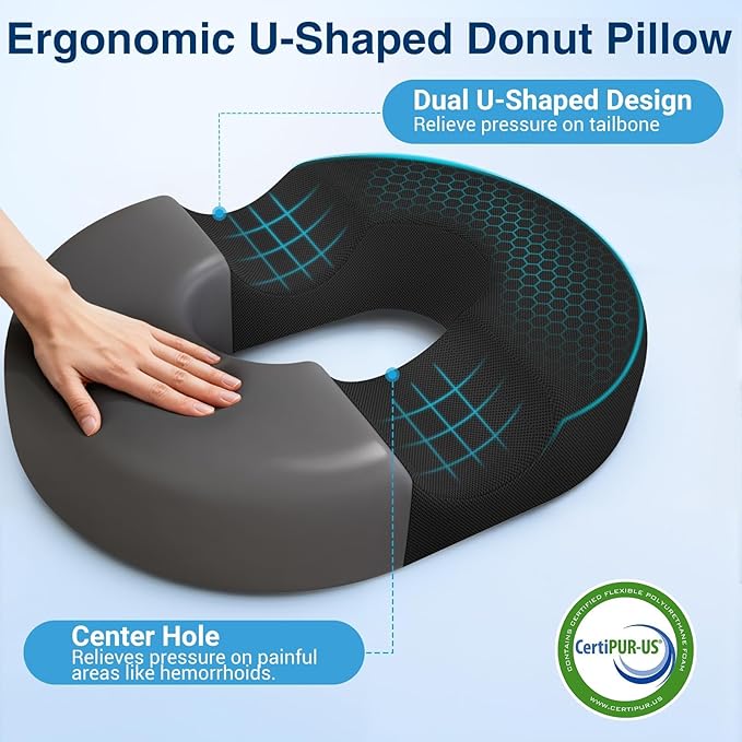 CushZone Donut Pillow for Postpartum Pregnancy - Large Ergonomic Chair Seat Cushions, Office Chair Cushion, Breathable Hemorrhoid Pillow, Lifting Chair Pads for Sitting, After Surgery(Black, XXL)