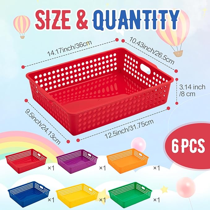 Geetery 6 Pack Classroom Storage Baskets with Handle 14''x10'' Paper Tray Holds A4 Turn in Trays Plastic Paper Baskets Desk Organizer Bin for Classroom, Library, Office, Home (Rainbow Color)