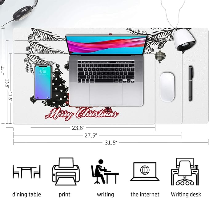 Christmas Mouse Pad PU Leather Christmas Tree Desk Mat Large Waterproof Gaming Pad Merry Christmas Non-Slip Keyboard Mouse Pad for Gamer Office&Home