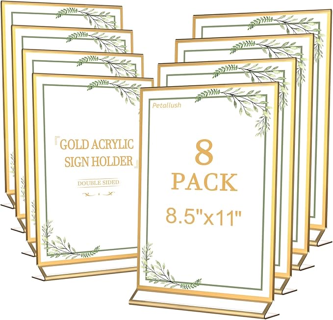 Petallush 8.5 by 11 Gold Acrylic Picture Frame Stands for Display 8PCS, Double Sided Acrylic Wedding Table Number Sign Holder 8.5 x 11, Clear Menu Flyer Paper Holder for Wedding Party Decor