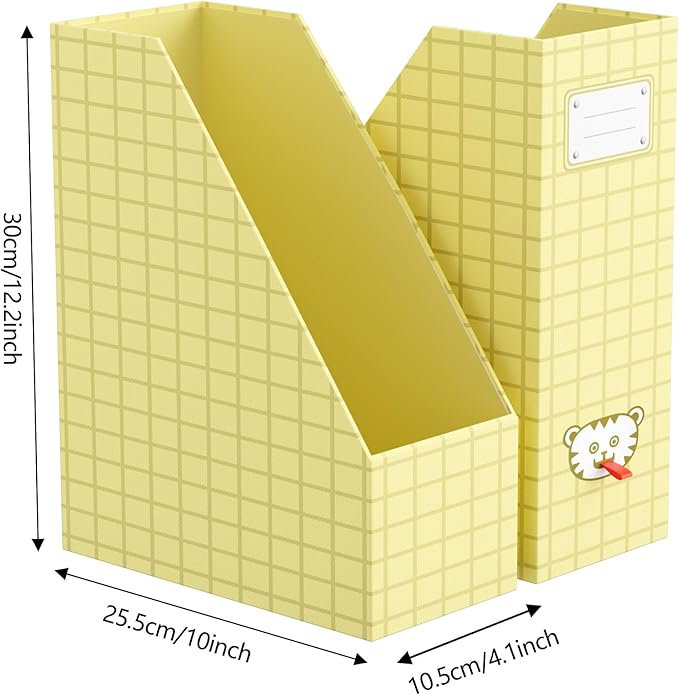 JiaWei Magazine File Holder Foldable Storage Boxes for Documents - Set of 2 Cardboard Magazine Rack Made of 2150 g/m² 10.5 cm Wide，Desk Organizer for Classroom, Home, and Office - Yellow