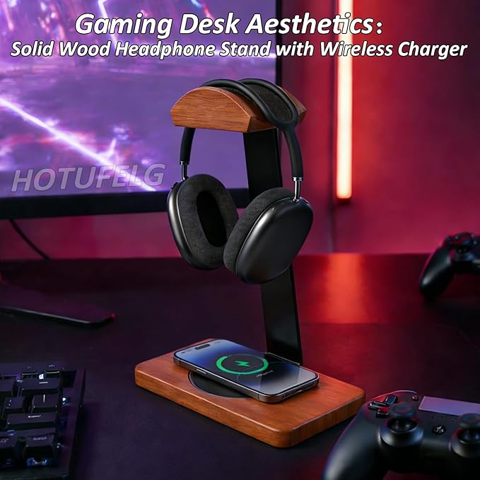 Solid Wooden Headphone Holder with Qi Wireless Charging Pad,Heavy Duty Wood Universal Headset Stand Compatible with Airpods Max,Bose,Razer,AKG,Equipment Accessories for Walnut Desk,Gift Choice