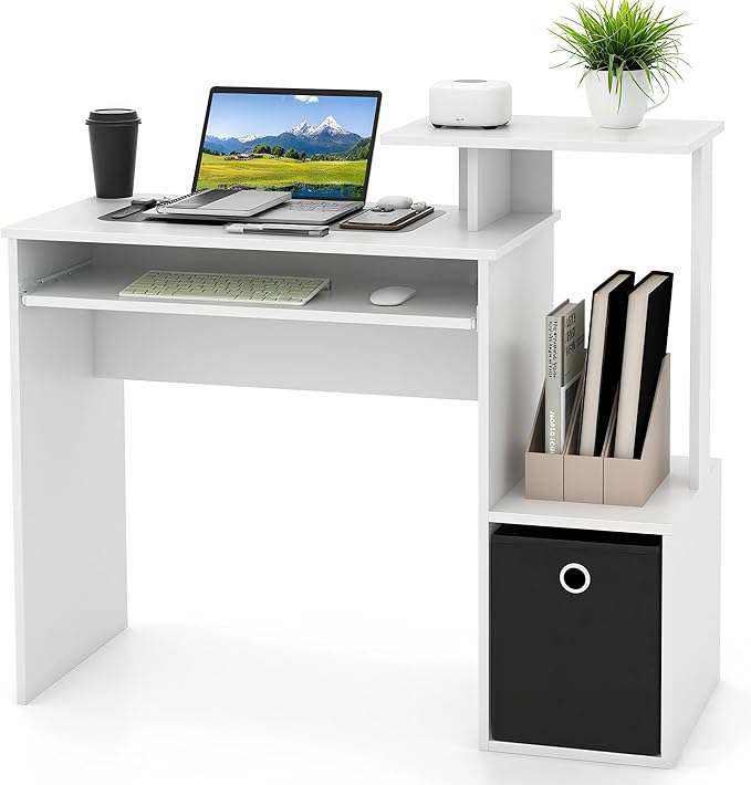 Giantex White Computer Desk with Drawers & Keyboard Tray, Modern Home Office Desk with Storage Shelves & Printer Stand, Laptop PC Table for Workstation, Study Writing Desk for Small Spaces, Bedroom