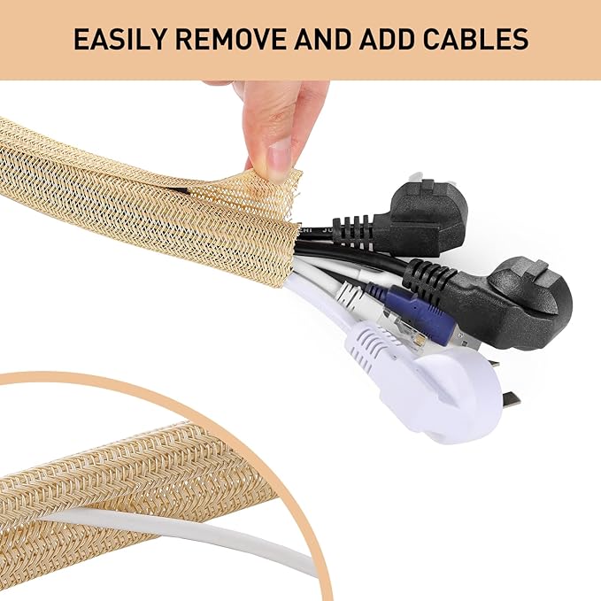 AGPTEK Cable Sleeve, 6.6ft - 1.5 inch Cable Management Desk Cord Cover Organizer Wire Hider for Home Office Computer TV Wire Loom Tubing Pet Proof Cord Protector from Cat Dog Chewing, Wood Color