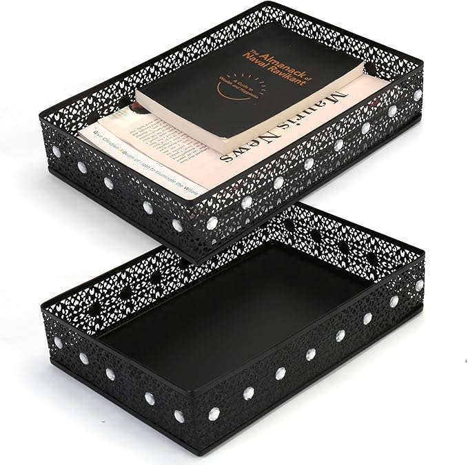 Desk Drawer Organizer, A4 Large Metal Mesh Desk Organizer Tray, Carved Hollow Floral Desk Tray, Versatile Storage Box Set for Office Home Supplies,13x9x3 inches (Rhinestones,2 PCS)