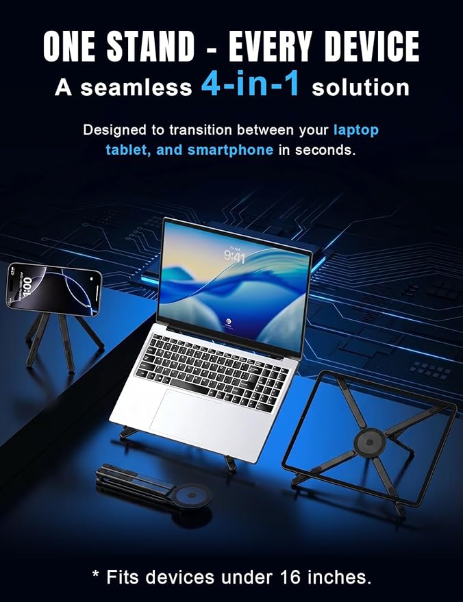 Magnetic Phone Stand & Foldable Laptop Riser, Matte Black Multi-Device Aluminum Desk Mount, N52 MagSafe Tripod Grip for Travel Office, Ergonomic Elevator for MacBook, iPad & iPhone
