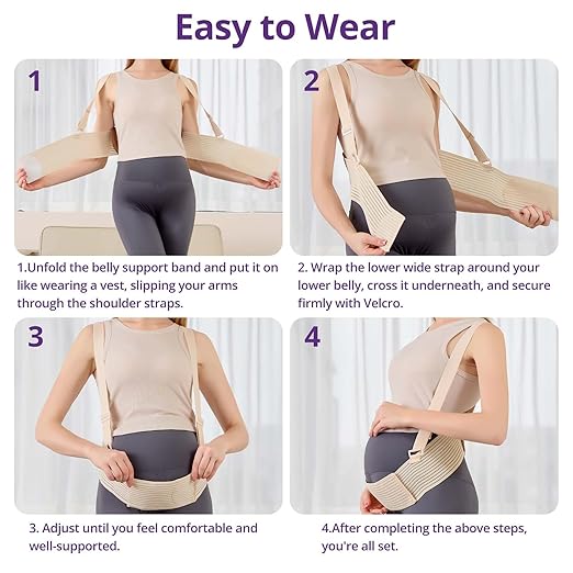 Maternity Belly Band with Back Support – Over-the-Shoulder Pregnancy Support Belt with Lumbar Support, Breathable Mesh Design, Strong Adjustable Hook & Loop Straps, No Digging Comfort for All-Day Wear (Beige-Pro, Large（154-187LB）)