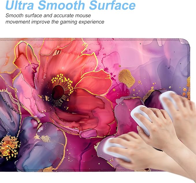 Floral Mouse Pad XXL – Large Desk Mat with Abstract Alcohol Ink Flowers in Pink, Purple & Teal, Extended Mousepad with Non-Slip Base for Office, Workstation, Gifts,31.5 x 11.8 in