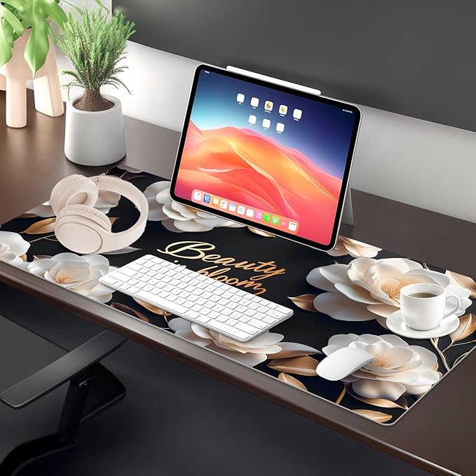 Dual-Sided PU Leather Desk Mat Blotter for Office, Home, Computer, Keyboard, Mouse, 15.7"x31.5" Large Non-Slip Writing Mat with Travel Storage Strap, Waterproof Easy to Clean (White Camellia)