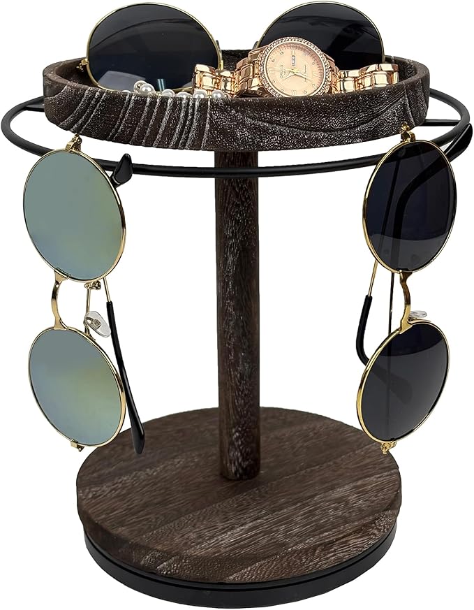 Sunglasses Organizer 360° Rotating Eyeglass Holder Stand with Wood Tray and Base, Eye Glass Display Rack for Multiple Sunglass Storage for Table Dresser Nightstand Desk (Retro Coffee)