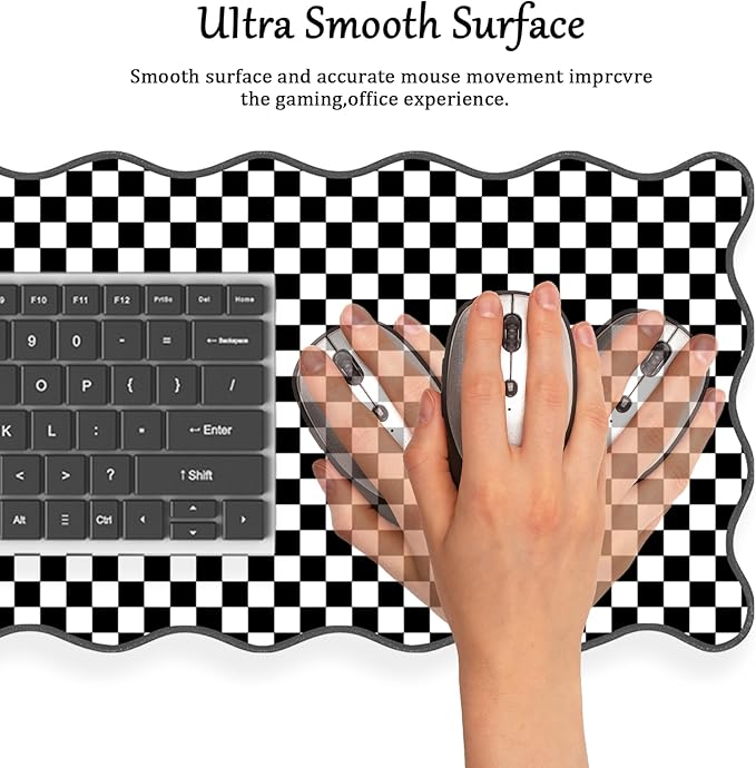 Scalloped Desk Mat Black and White Extended Large Mouse Pad Cute Desk Pad XXL Aesthetic Plaid Mousepad Checkered Gaming Mouse Pad for Keyboard Computer Laptop Office Accessories Girl 35.4X15.7Inch