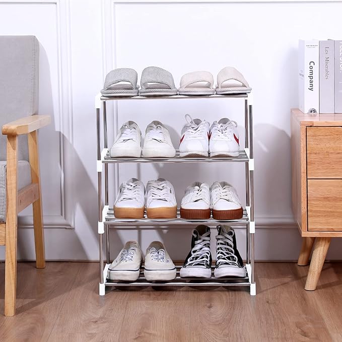 Jucaifu Stackable Small Shoe Rack, Entryway, Hallway and Closet Space Saving Storage and Organization (4-Tier, White)