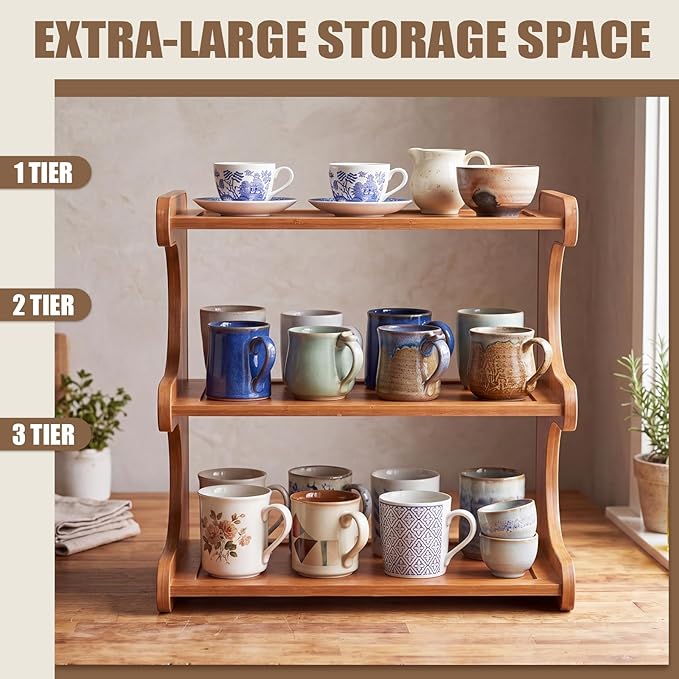 Chumia 3 Tier Bamboo Desk Shelf Bookshelf for Desktop Organization, Table Shelf Organizer Storage Rack for Home Kitchen Cabinet Living Room Office, Mug Cup Display Holder Countertop Supplies