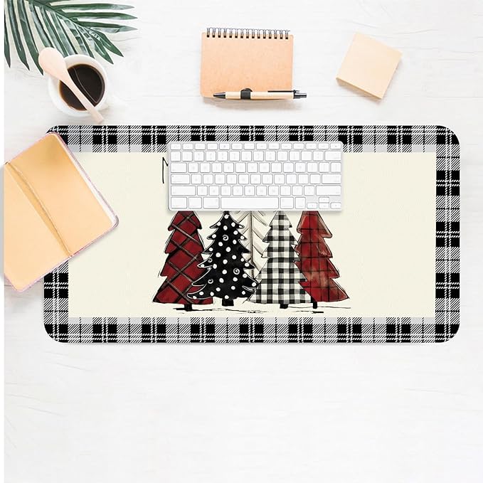 Christmas Desk Mat, Buffalo Plaid Christmas Trees Merry Xmas Large Mouse Pad for Desktop, PU Leather Waterproof Desk Pad, Computer PC Laptop Protector Gaming Mouse Pads for School Office Home