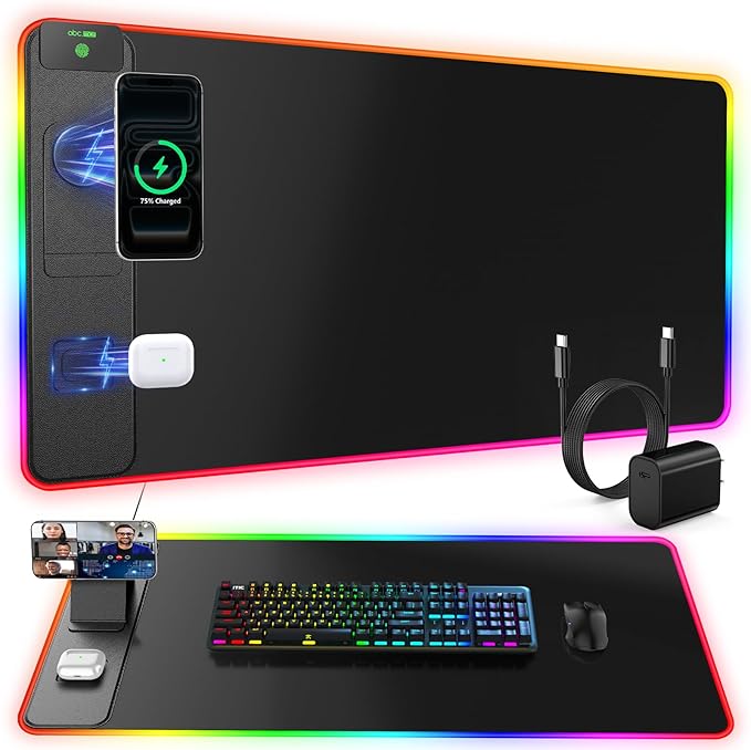 4-in-1 RGB Gaming Mouse Pad with Magnetic Wireless Charging & Phone Stand, 31.5"x15.8" Large, 24 Light Effects, Non-Slip Base, Waterproof Ultra-Smooth Surface, with Adatper