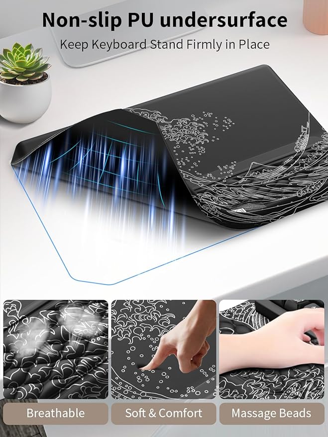 3-in-1 Ergonomic Keyboard Stand with Wrist Rest & Mouse Pad Set, Comfy Keyboard Riser Holder Soft Mousepad with Massage Design, Memory Foam and Non-Slip PU Base for Pain Relief, Black Wave of Kanagawa