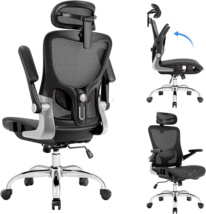 marrap Ergonomic Office Chair, Mesh Desk Chair with 3D Armrests, Adjustable Lumbar Support and Headrest, 90-120° Rocking Function, Black