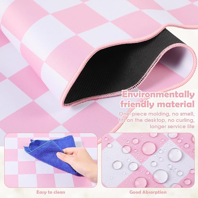 Copkim 1 Pcs Pink Scalloped Checkered Desk Mat 31.5 x 11.8 Inch Large Cute Mouse Pad Computer Mat Non Slip Waterproof Rubber Base with Border Stitching Soft Keyboard Pad for Home Office Gaming Makeup