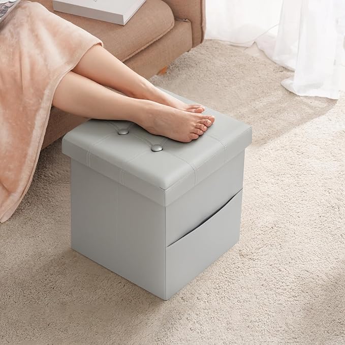 Bsketa Storage Ottoman Foot Rest Stool, Small Leather Storage Ottomans Bench, Folding Footstool with Side Pockets, Foot Rest Under Desk for Living Room Bedroom, 15x15x15 in, Grey