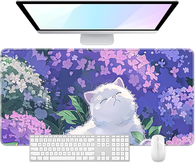 Desk Pad, 32" x 16" XXXL Extended Large Gaming Mouse Pad, Desktop Decor Desk Mat, Men Women Office Supplies and Accessories, Cute Anime Mouse Mat for Laptop & Keyboard, Hydrangea Cat