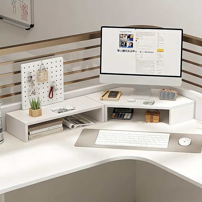 Corner Monitor Stand with Storage Space Triangle Riser Combo Desktop Corner Shelf with Cup Holder Pegboard Office Desk Accessories and Organizer for Office & Home,White,Single Layer