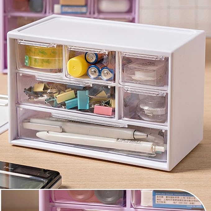 6 Pcs Small Drawer Organizer for Desk, Mini Desktop Drawer Organizer with 6 Clear Drawers, Plastic Desktop Craft Storage Box for Desk Office School Home 7.1" x 3. 8" x 4.6" (White)