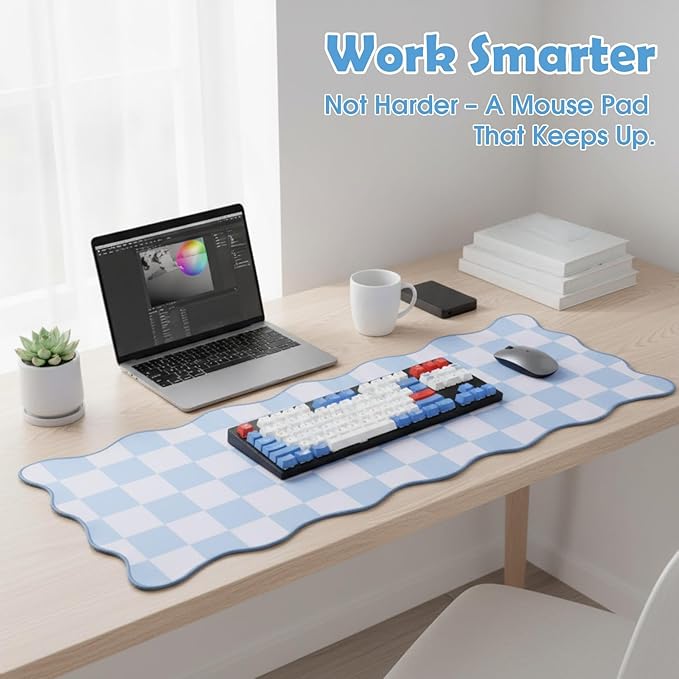 Copkim 1 Pcs Blue Scalloped Checkered Desk Mat 31.5 x 11.8 Inch Large Cute Mouse Pad Computer Mat Non Slip Waterproof Rubber Base with Border Stitching Soft Keyboard Pad for Home Office Gaming Makeup