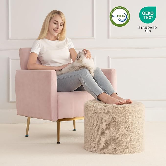 Hansleep Round Stuffed Pouf Ottoman 17 x 14, Foam Filled Faux Fur Ottoman Foot Rest for Chair with Washable Cover, Foot Stools Under Desk for Living Room & Bedroom, Brown