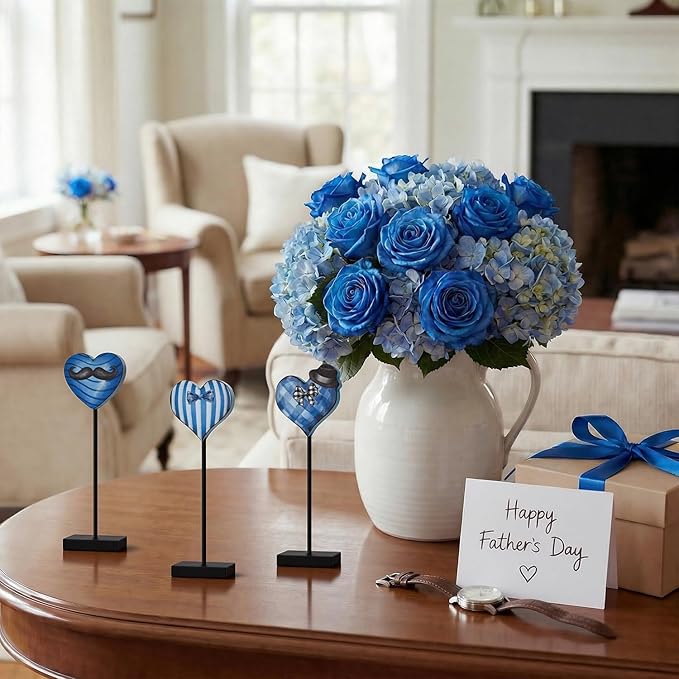 Smile Father's Day Wooden Table Decor Piece Blue Heart with Bow Tie Mustache Hat Desktop Signs Tabletop Decorations for Home Office Shelf - Gift for Dad, Husband, Grandpa