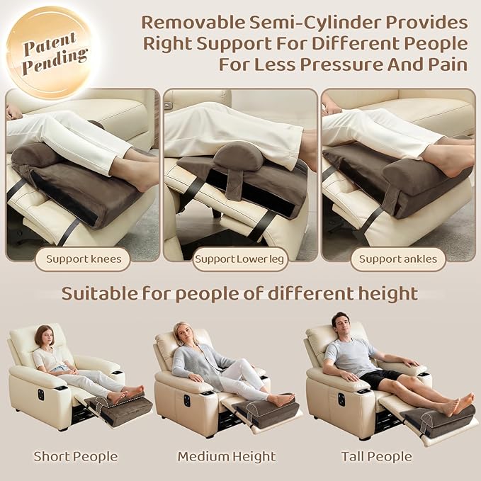 Recliner Foot Rest Cushion - Recilner Leg Rest Cushion with Removable Semi-Cylinder for Superior Support, Adjustable Recliner Foot Rest Extender, Recilner Leg Pillow with 2 Straps, Coffee