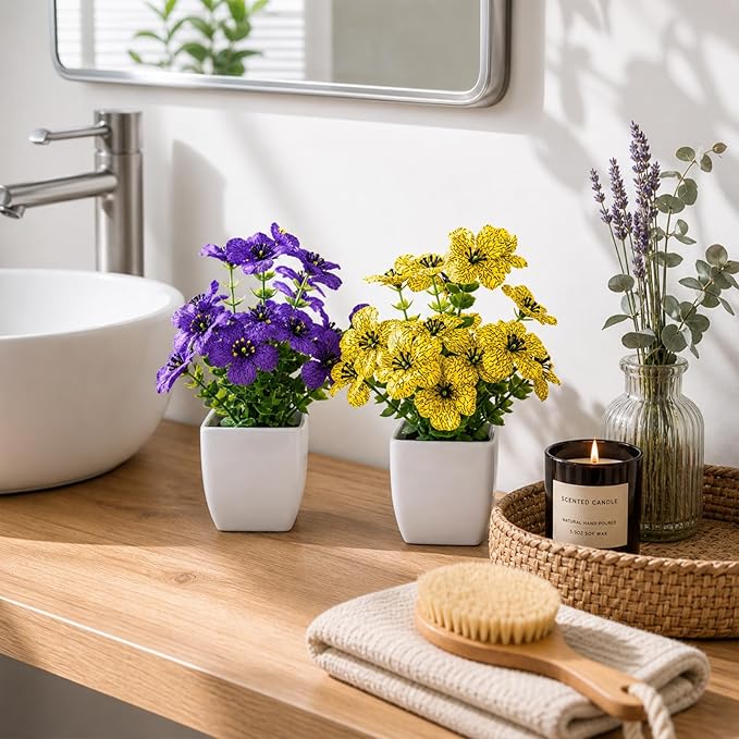 Fake Potted Flowers, Small Artificial Plants Indoor, Spring Decorations for Home, Mini Fake Flowers with Pot for Office Desk, Bathroom & Room Decor