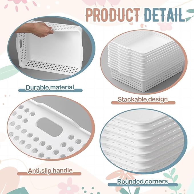 Geetery 12 Pack Classroom Storage Baskets with Handle 14''x10'' Paper Tray Holds A4 Turn in Trays Plastic Paper Baskets Desk Organizer Bin for Classroom, Library, Office, Home (White)