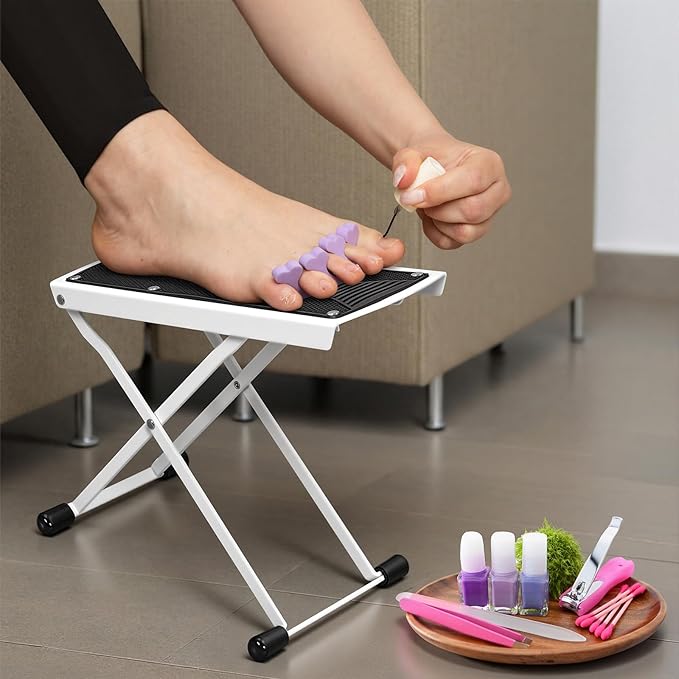 Pedicure Foot Rest, 6 Heights Adjustable Foot Stool, Upgraded Metal Foldable Non-Slip Stand for Home and Salon Use Pedicure Station, Ideal Pedi Stool for Nail Tech or Guitar Foot Stool White