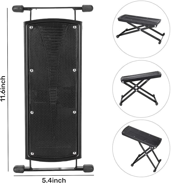 Guitar Foot Stool, 6-Position Height Adjustable Guitar Foot Rest Stand with Rubber End Caps and Non-Slip Rubber Pad for Classical, Acoustic, Electric Guitar - Black