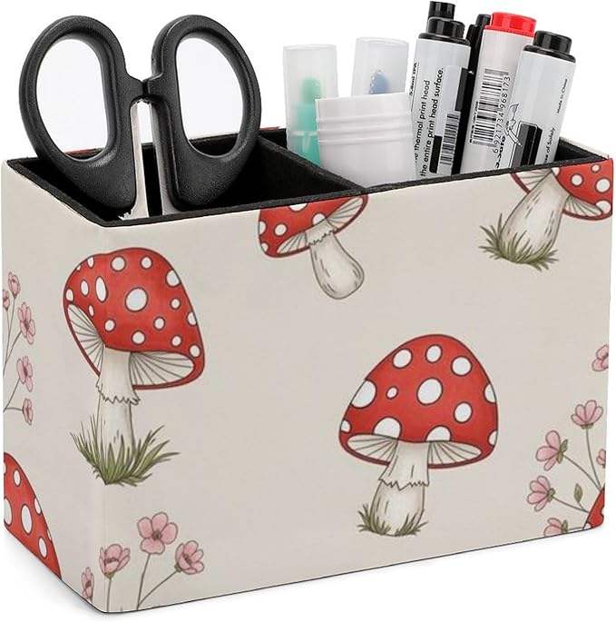 Multi-Functional PU Leather Pencil Holder Floral Red Mushroom, Practical and Stylish Design