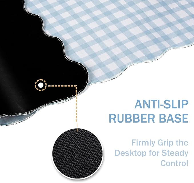 L-SPOUTTO Blue Checkered Mouse Pad,Cottagecore Scalloped Desk Mat XXL Large Cute Pastel Gaming Mousepad,35.4x15.7in Non-Slip Keyboard Pad Waterproof Desktop Mat for Laptop Computer Game Home Office