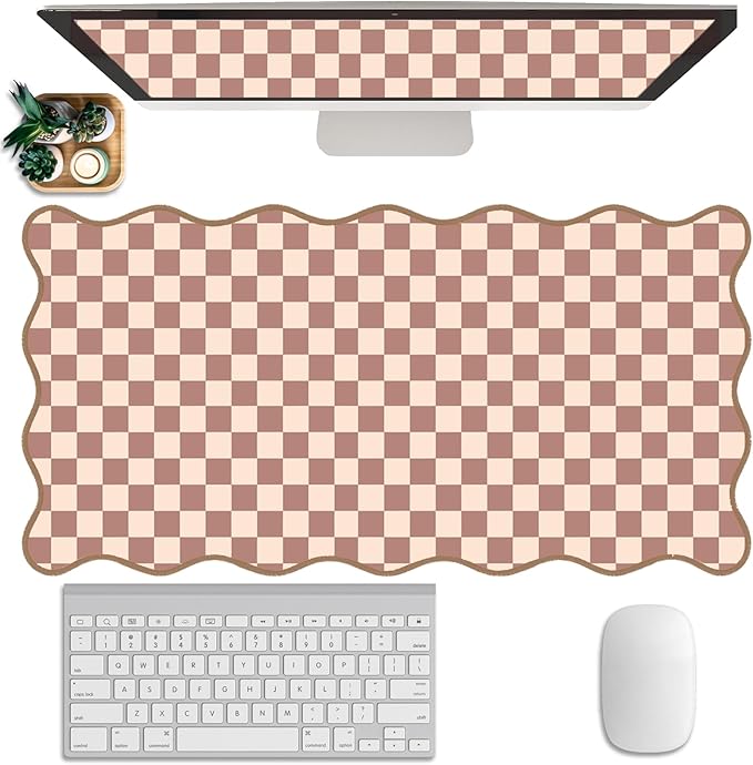 Scalloped Desk Mat Extended Large Cute Mouse Pad Big Desk Pad XXL Aesthetic Plaid Mousepad Checkered Gaming Mouse Pad for Computer Keyboard and Mouse Laptop Home Office 35.4X15.7Inches Brown Khaki