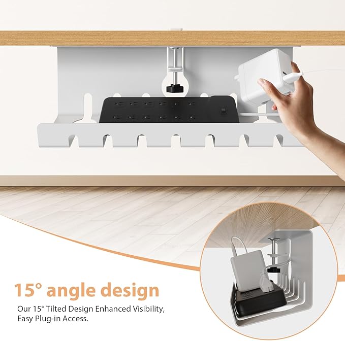 Syeeiex Under Desk Cable Management Tray with No-Drill C-Clamp & Screw Mount, 17'' Metal Under Desk Cord Organizer, Cable Management for Office/Home workspace (White)