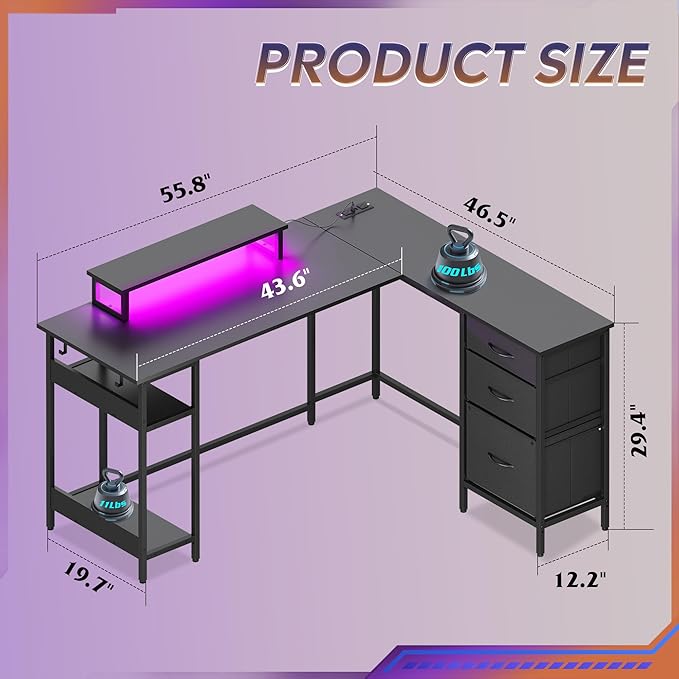 DEVAISE 55 Inch L Shaped Gaming Desk with Drawers and Storage, Corner Desk with LED Lights, Power Outlets, Computer Desk with Monitor Stand, Office Desk for Home, Black