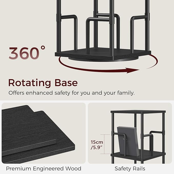 MAHANCRIS 4-Tier Rotating Bookshelf, Freestanding Corner Bookshelf, 360° Spinning Bookcase, Industrial Style Storage Rack with Rails, for Living Room, Bedroom, Study, Black BKBK1501