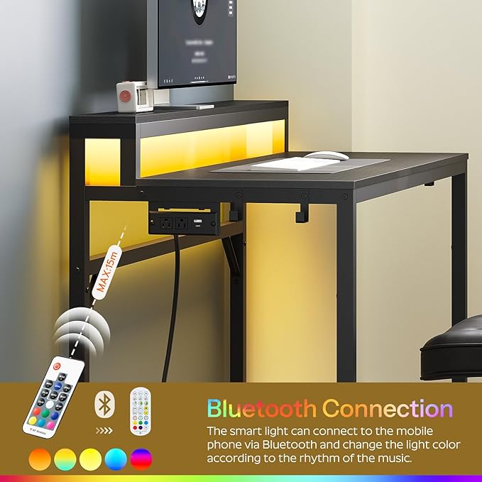YATINEY 47.2" Computer Desk with Charging Station and LED Lights, Gaming Desk with Monitor Stand, 2-Tier Home Office Desk with 4 Side Hooks, for Living Room, Home Office, Black DN12UDBB