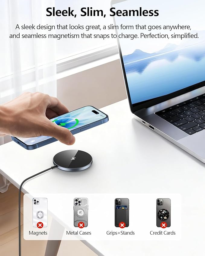 NANAMI Magnetic Fast Wireless Charger Pad with 20W PD Adapter,for MagSafe iPhone 17/16/15/14/13/12 Series & AirPods 3/2/Pro 2,Non-Slip Base & Strong Magnetic Alignment for Desk and Office Use(Black)
