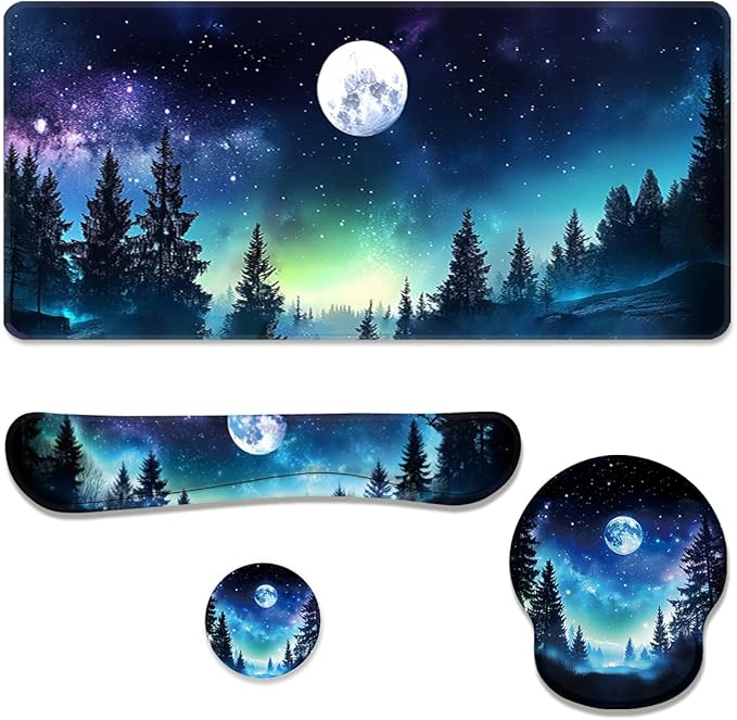 Moon Night Desk Mat Set Forest Aurora Sky Large Mouse Pad with Wrist Rest 4in1 Desk Mat for Desktop Ergonomic Computer Desk Arm Wrist Anti-Slip Computer Mouse Pad Home Office Gaming