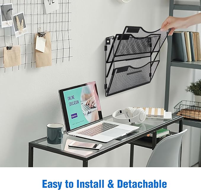 BOHDK Wall File Organizer 3 Pockets, Mail Organizer, Hanging Folder Holder, Foldable | Hanging or Wall Mounted | Label Panel | 2 Hooks | Office Home School Organizer, Black