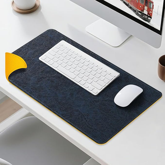 Imitation Crazy Horse Leather Desk Mat - Waterproof Desk Pad - Ideal for Large Mouse Pad and Desk Mats on Top of Desks (Dark Blue+Yellow, 33"*13")