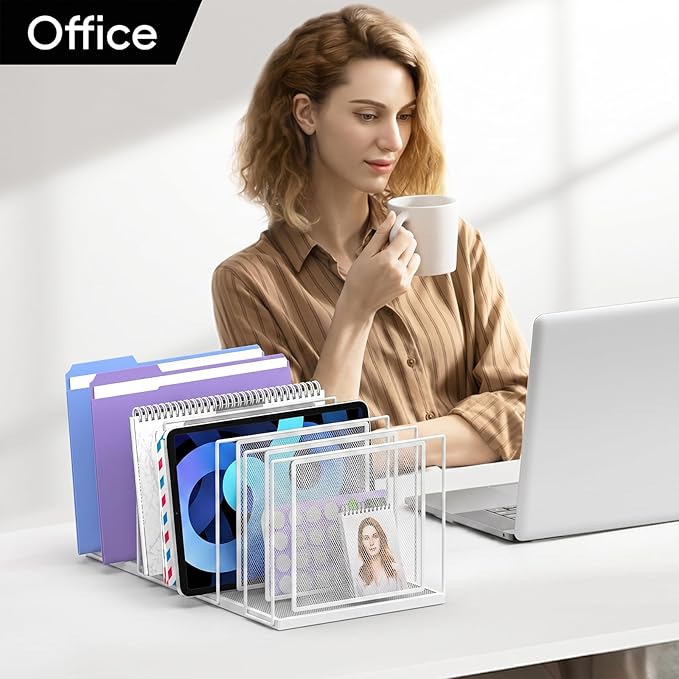 File Organizer for Desk, 7-Section Vertical File Sorter, Paper Holder Organizer Standing Metal File Folder for Office Home Classroom, White