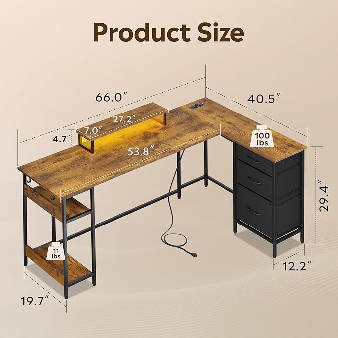 DEVAISE 66 Inch L Shaped Gaming Desk with Drawers and Storage, Corner Desk with LED Lights, Power Outlets, Computer Desk with Monitor Stand, Office Desk for Home, Rustic Brown