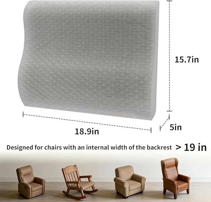 Lumbar Support Pillow for Recliner Chair - 17"x15"x5" Ergonomic Back Cushion with Gel Memory Foam, Adjustable Straps & Washable Cover, Back Pain Relief for Office Car Seat (Light Grey)