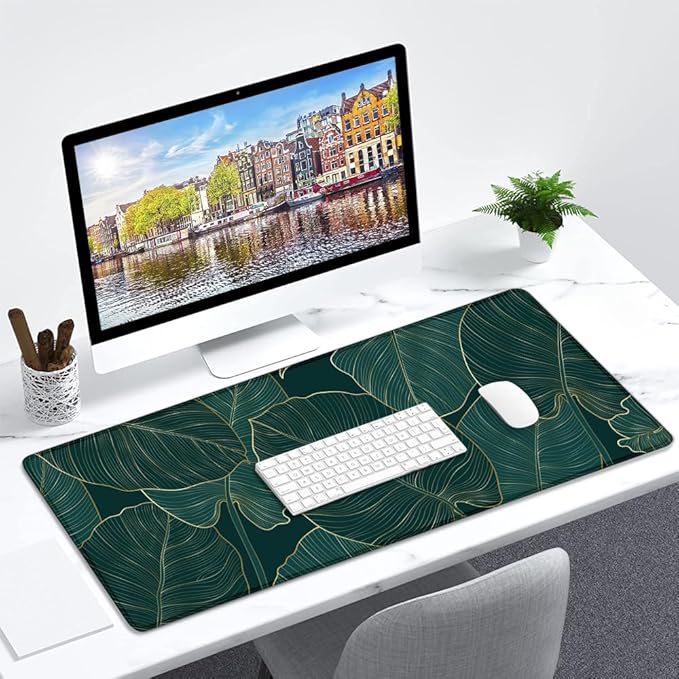 Gaming Mouse Pad Large Desk Mat Extended Keyboard Mouse Pad Mousepad with Non-Slip Base and Stitched Edge Desk Pad Mouse Pads for Desk Home Office Gaming Palm Leaves