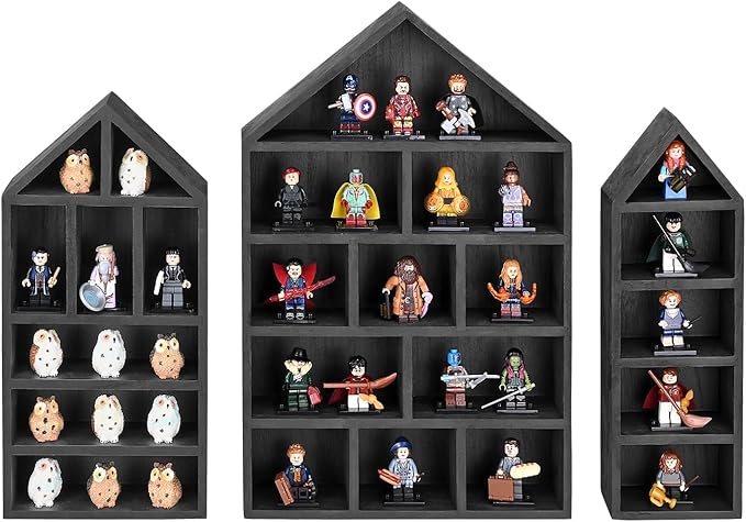 Ikee Design House-Shaped Wooden Shadow Cubby Box Display Shelf Organizer Storage Shadow Box for Mini Figures, Set of 3, 10 W x 2 1/4 D x 15 H in, Black Color
